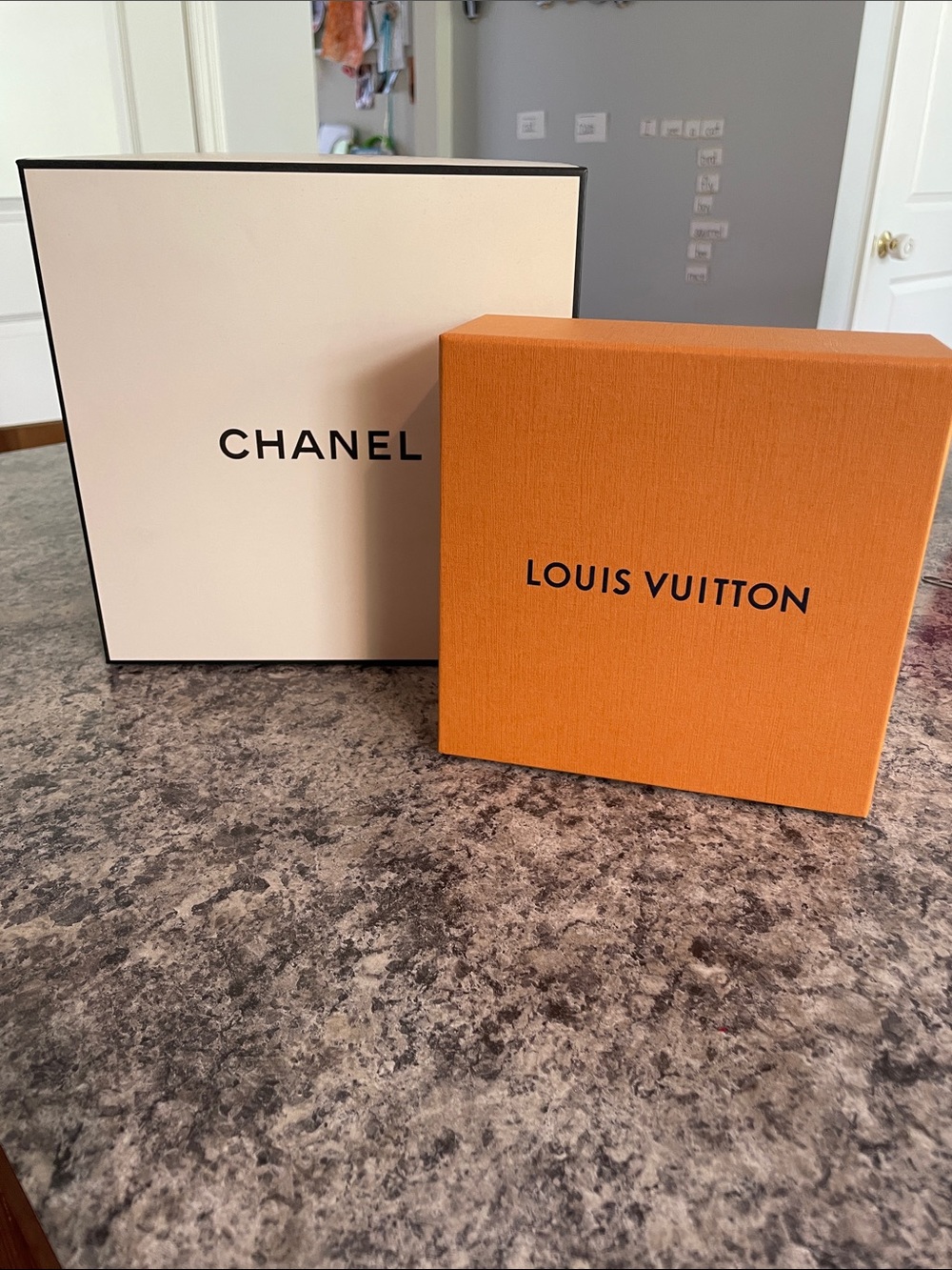 Louis Vuitton Orange Box and Chanel Cream Box
